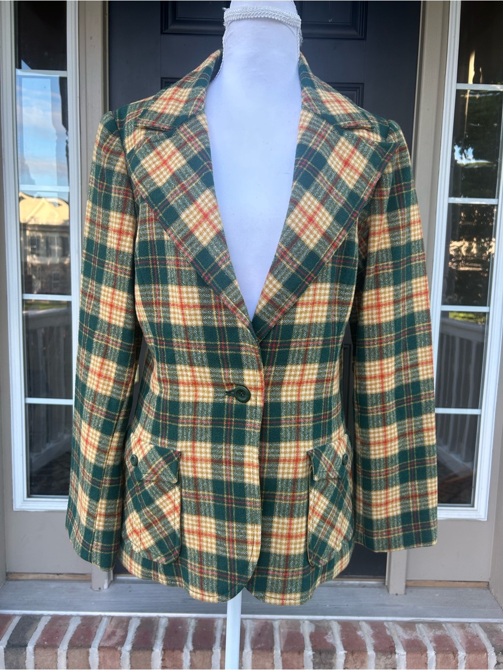 Vintage 70s handmade wool blend green & mustard yellow plaid tailored blazer S